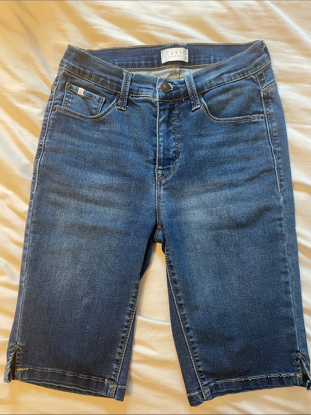 Curvy Scoop Dark Blue Cropped Denim Shorts